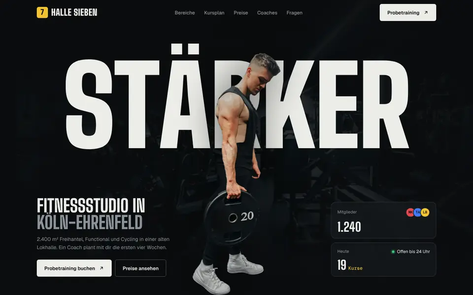 Startseite der Beispielseite Halle Sieben, Fitnessstudio in Köln