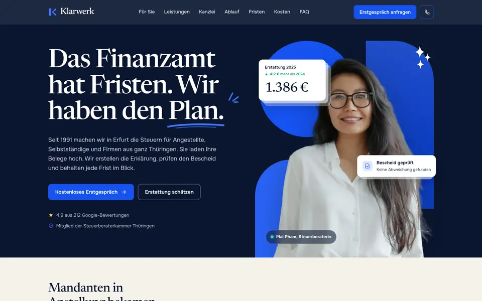 Startseite der Beispielseite Klarwerk, Steuerberatung in Erfurt
