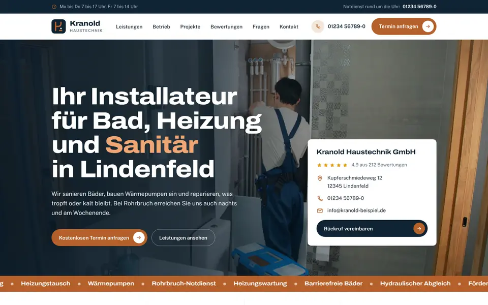 Startseite der Beispielseite Kranold Haustechnik, Sanitär und Heizung in Lindenfeld