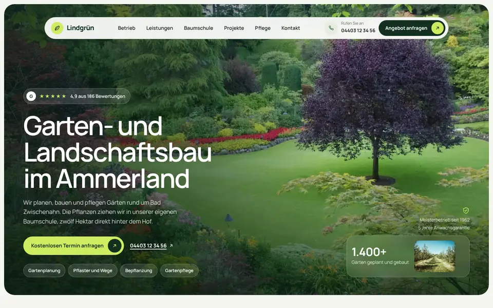 Startseite der Beispielseite Lindgrün, Garten- und Landschaftsbau in Bad Zwischenahn