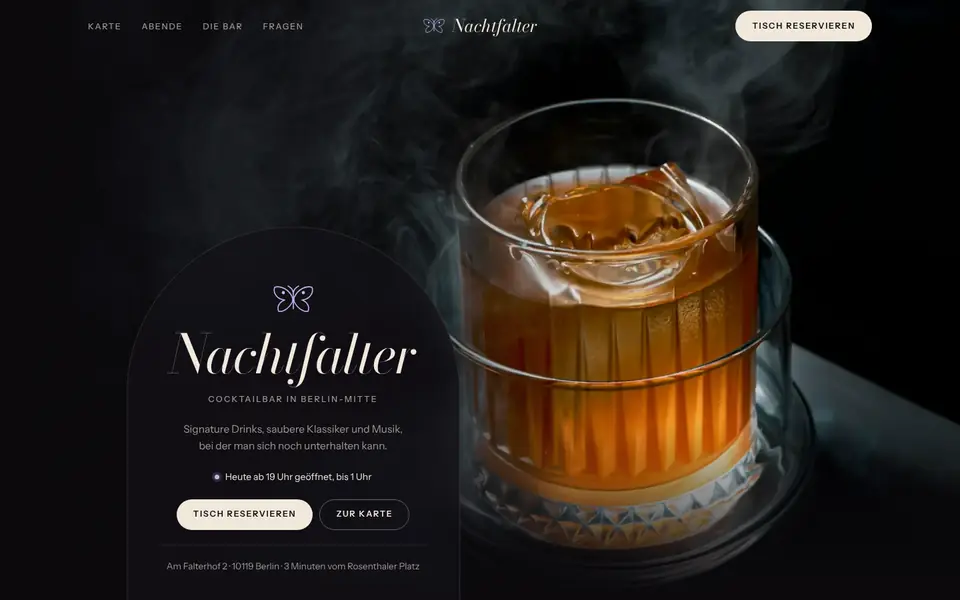 Startseite der Beispielseite Nachtfalter, Cocktailbar in Berlin