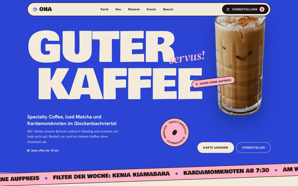 Startseite der Beispielseite OHA Kaffeebar, Café in München